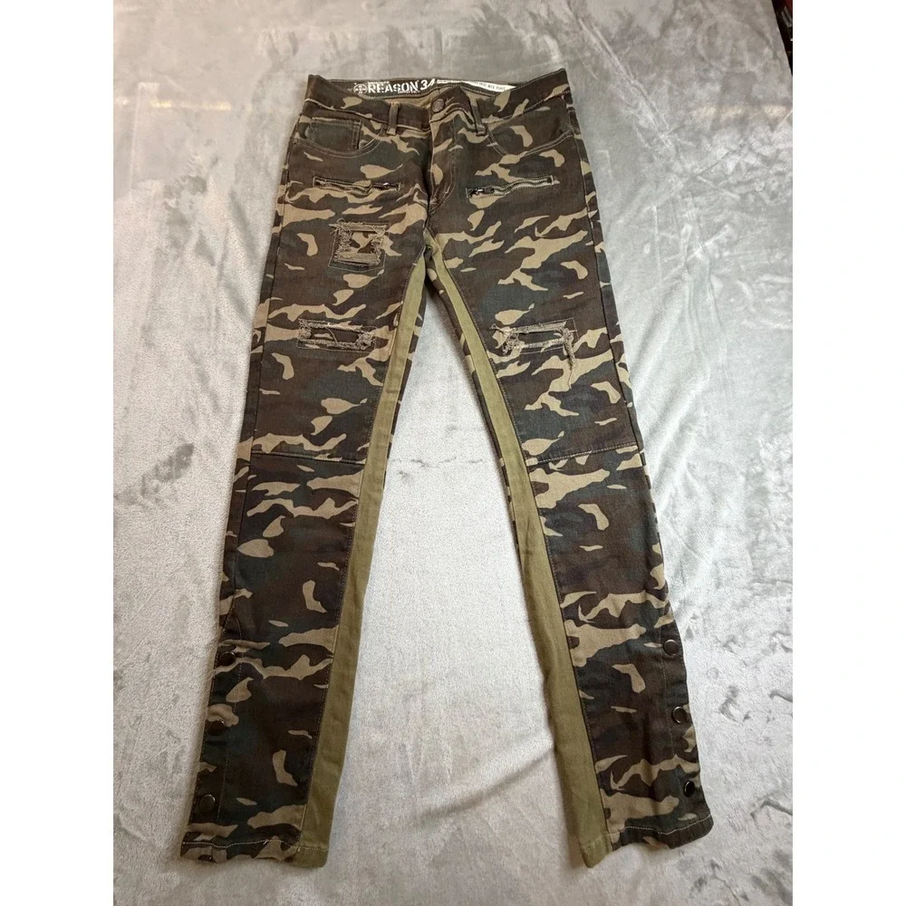 Reason Supply Co Moto Pants Mens 34 Camo Distressed Biker Snap Hem RMP-F22-007